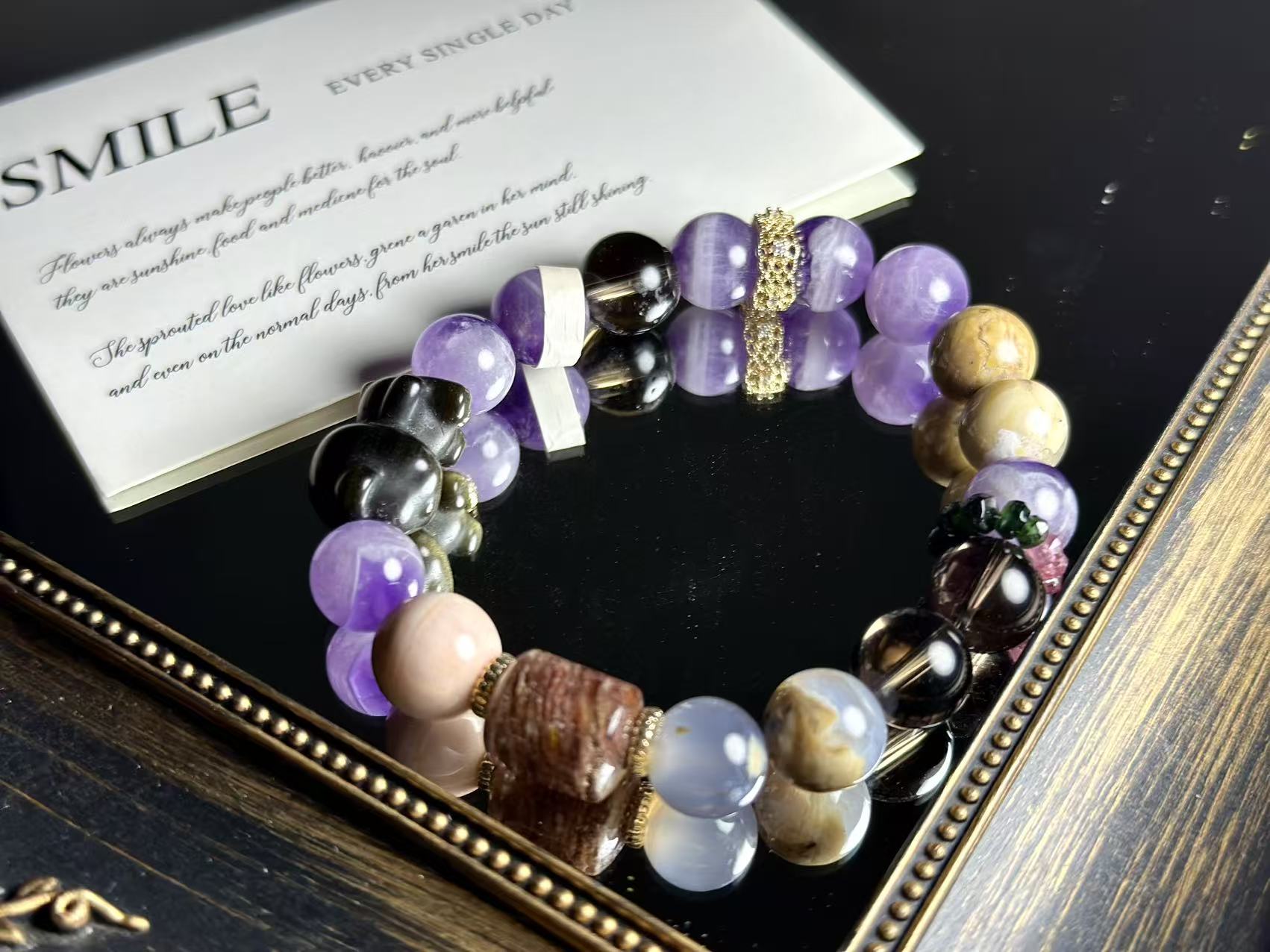 Amethyst Crystal Structure and Tourmaline Color Flow Presentation Amethyst & Agate Bracelet for Balance & Focus | Rhythearth - Image 1