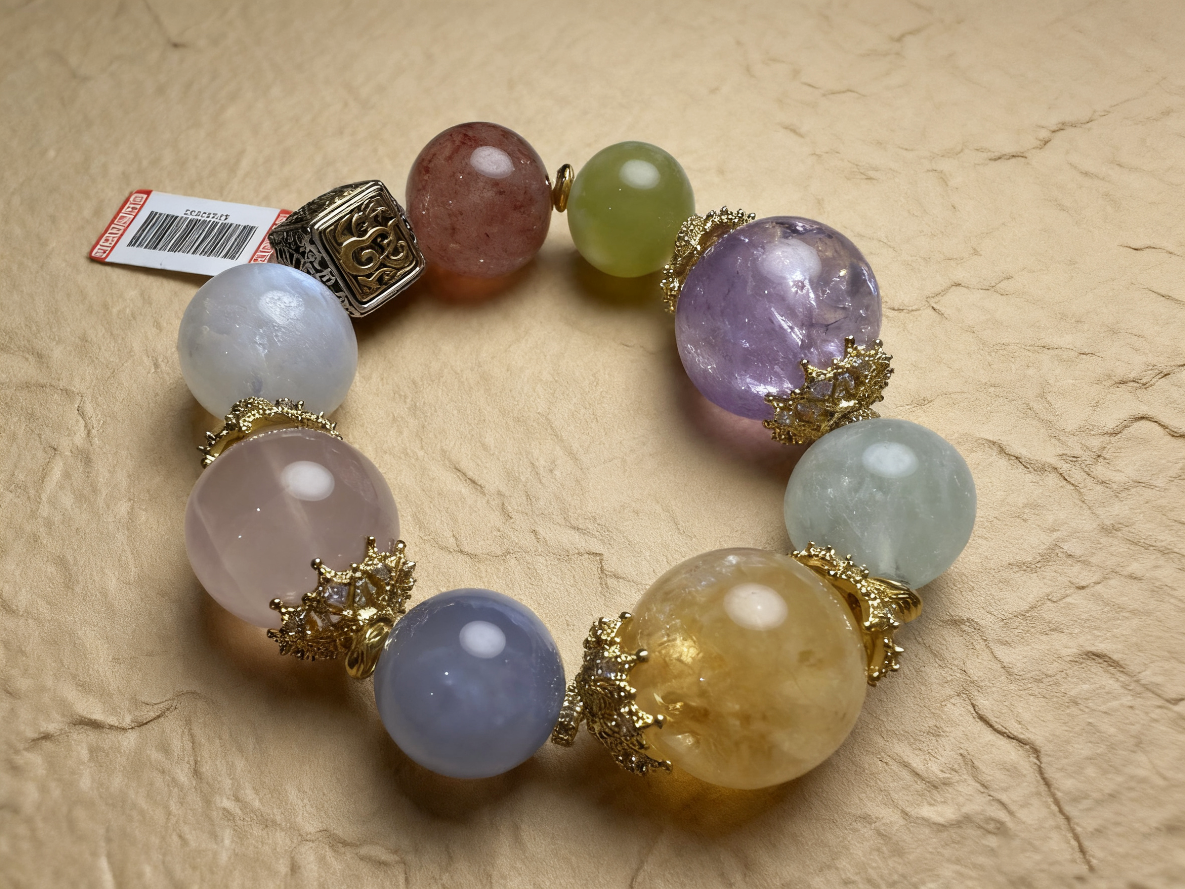 Eight-Natural-Crystal-Bracelet-Showcasing-Five-Elements-Harmony.png Find Calm & Connection: Fluorite & Amethyst Bracelet | Rhythearth - Image 1