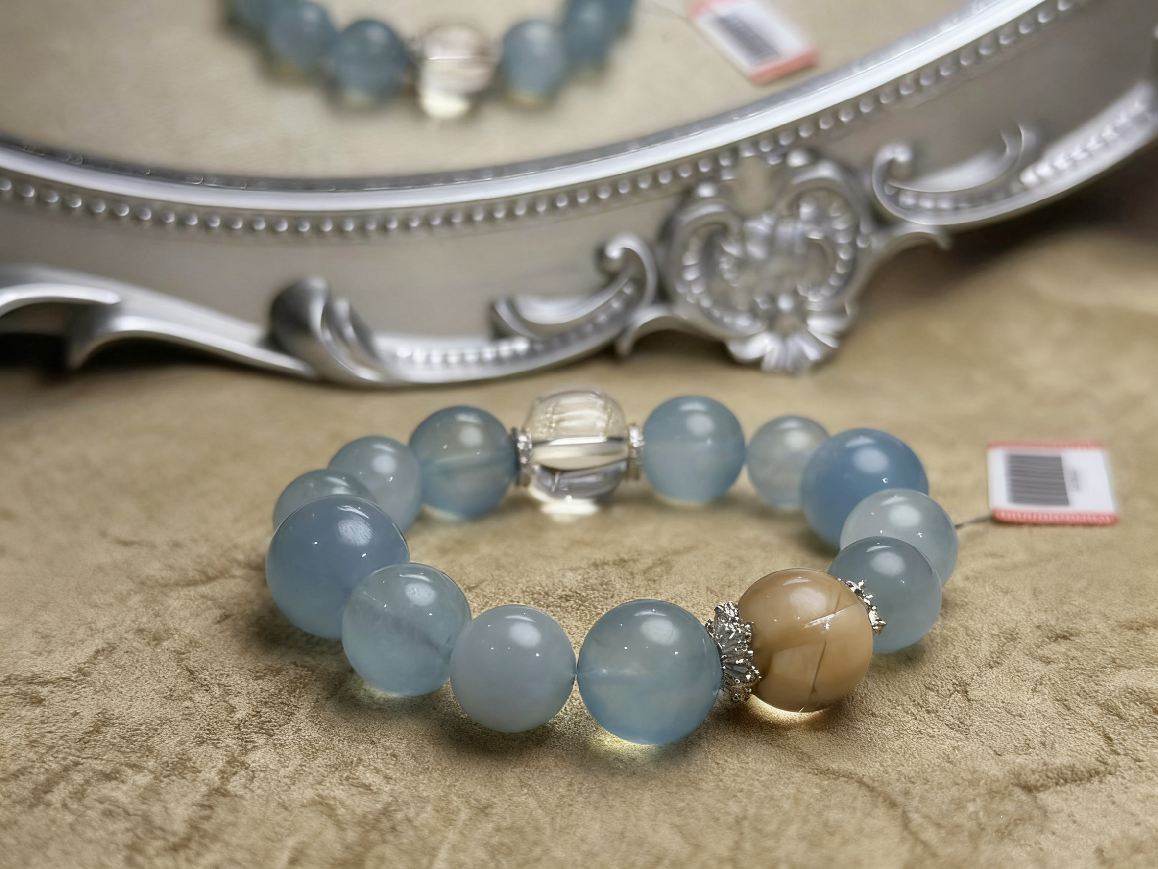 Energy Synergy Detail - The Perfect Balance of Calm, Action, and Purification Bracelet close-up showing Aquamarine's clarity, Rutilated Quartz's inclusions, and Clear Quartz's transparency, three-color energy blending.