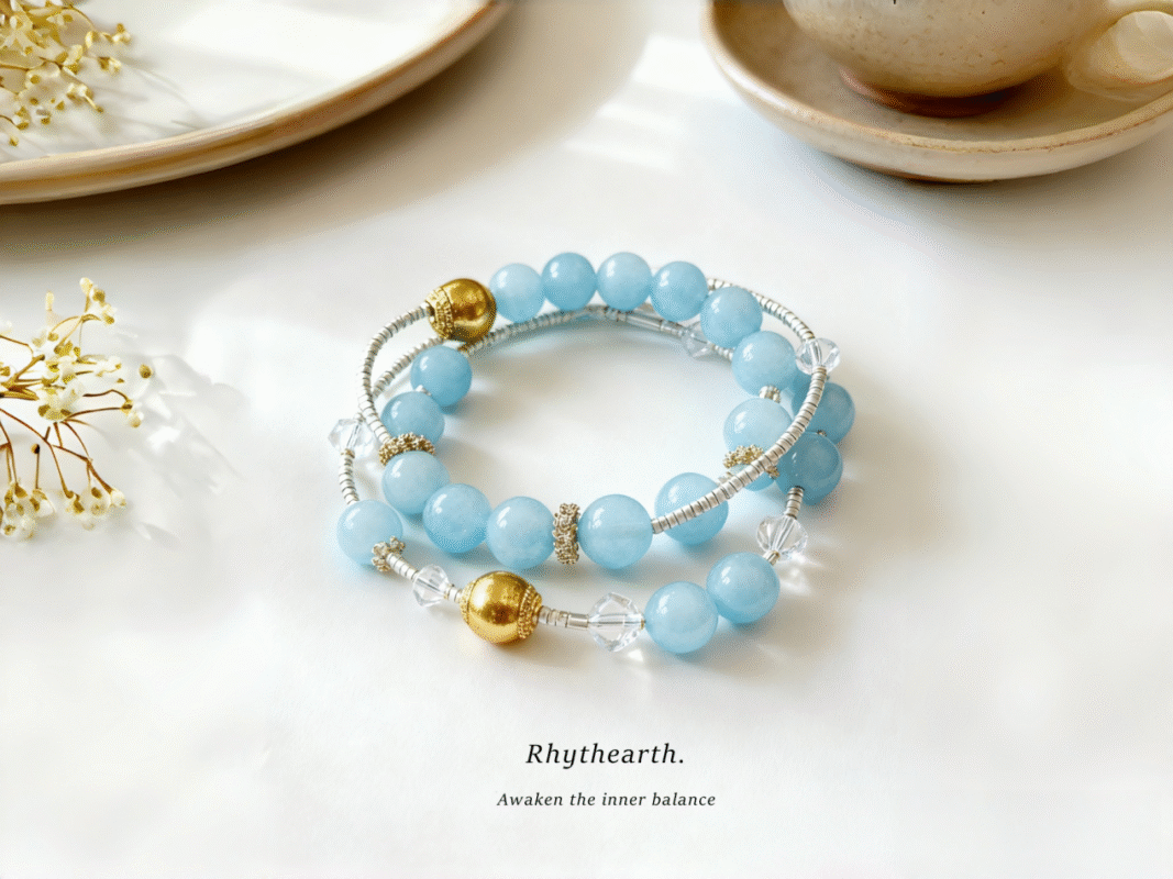 Amazonite Stone Bracelet on a wooden background