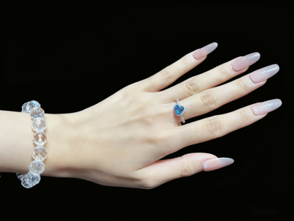 Natural Patolite ring overall view, clear blue stone symbolizing calm communication and wisdom energy.