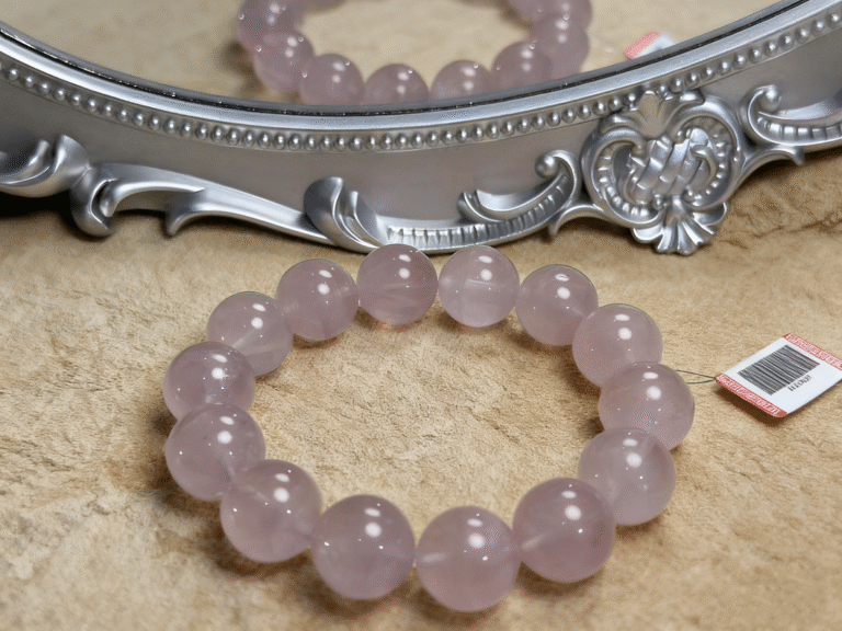Rose quartz bracelet layered with complementary clear quartz and moonstone bracelets for stylish energy stacking