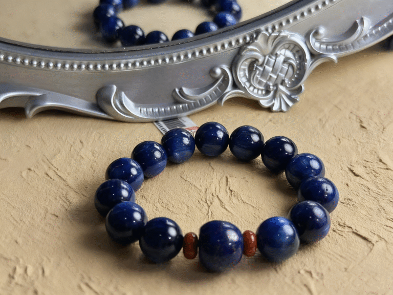 Kyanite and lapis lazuli bracelets paired together, creating a water element energy synergy