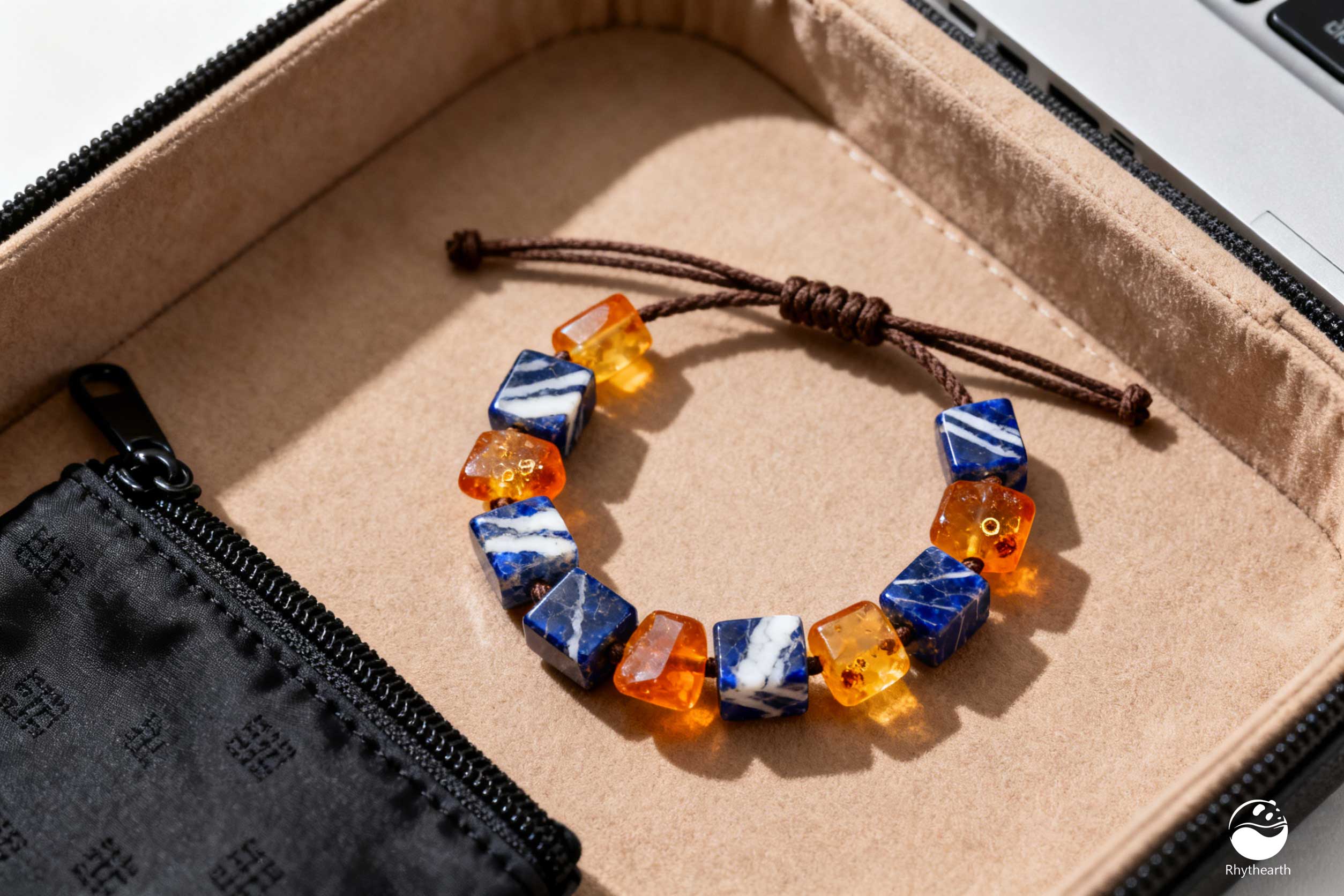keeps a tumbled sodalite and a small amber chunk in a zippered pouch in her laptop bag—easy to reach under her desk.